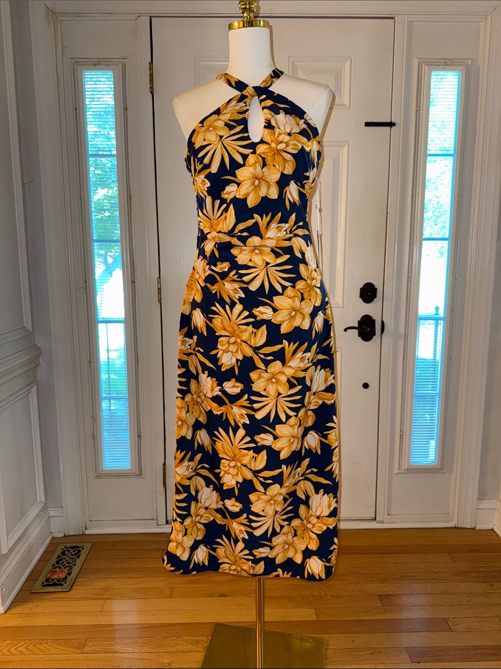 Siena Navy Floral Halter Midi Dress with Yellow Bloom Print